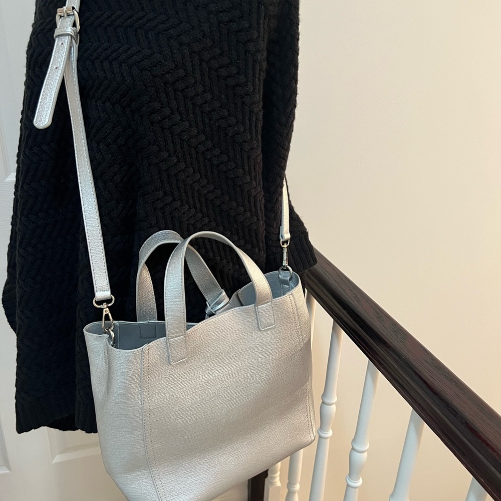 Chic Silver Tote Bag with snap out zipped bag inside and adjustable strap